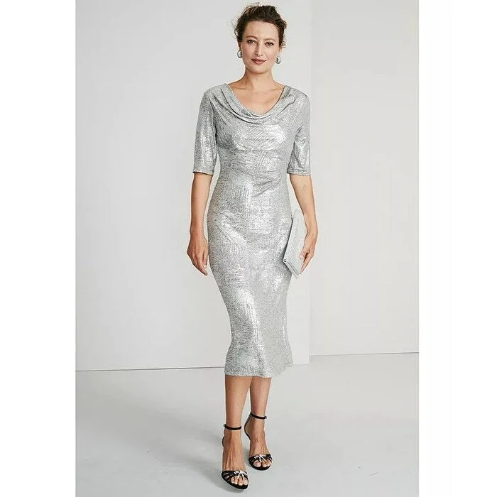 Connected Women's Metallic Cowlneck Midi Dress Silver Size 12 Polished Women's Silk