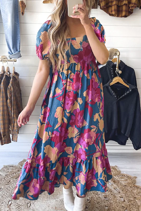 Dark Blue Square Neck Bubble Sleeve Ruffle Hem Floral Dress Cozy Women's Sherpa - lined Dark Blue Square Neck Bubble Sleeve Ruffle Hem Floral Dress Cozy Women's Sherpa - lined