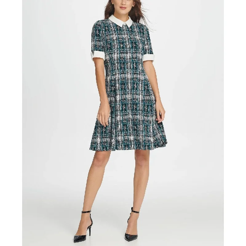 DKNY Women's Contrast Collar Tweed Fit Flare Dress Green Size 12 Street
