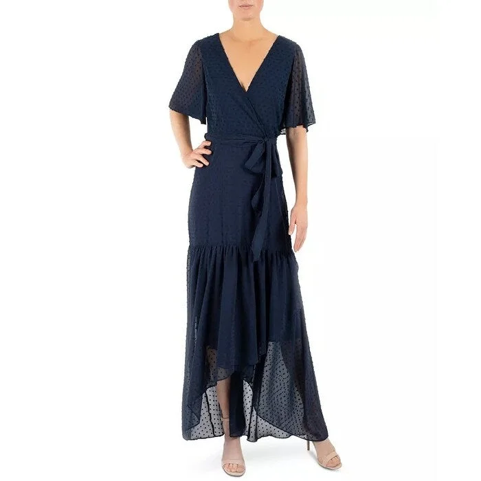 Donna Ricco Women's Tie Belted Chiffon High Low Maxi Dress Navy Size 6 Street
