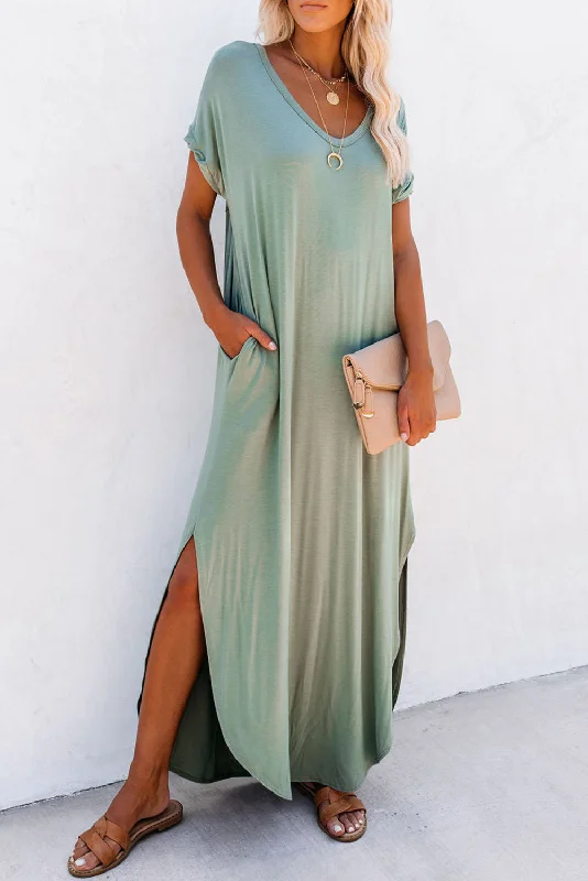 Grass Green Solid Color Hidden Pocket V Neck Slit Maxi Dress Stylish Women's Neon