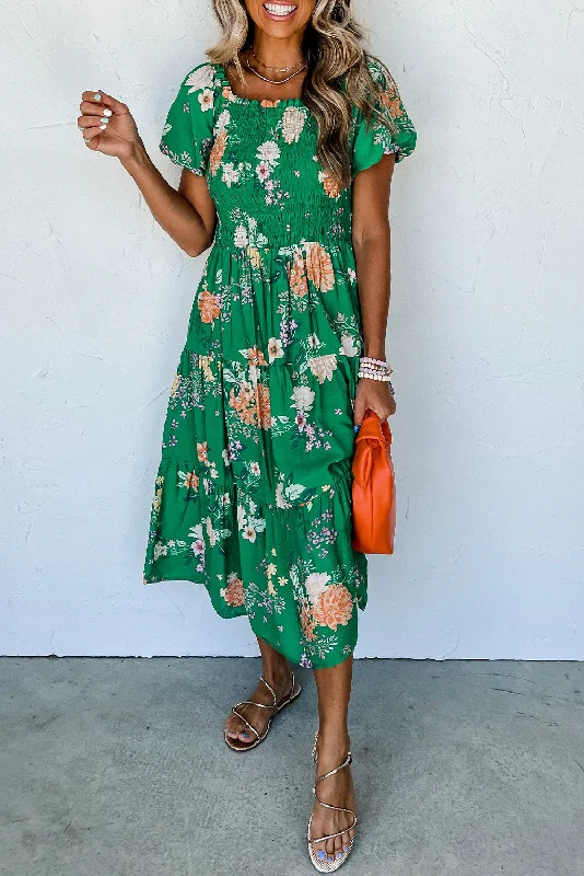 Green Floral Print Bubble Sleeve Smocked Tiered Midi Dress garde