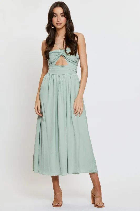 Green Midi Dress Evening Halter Neck Satin Traditional Women's 