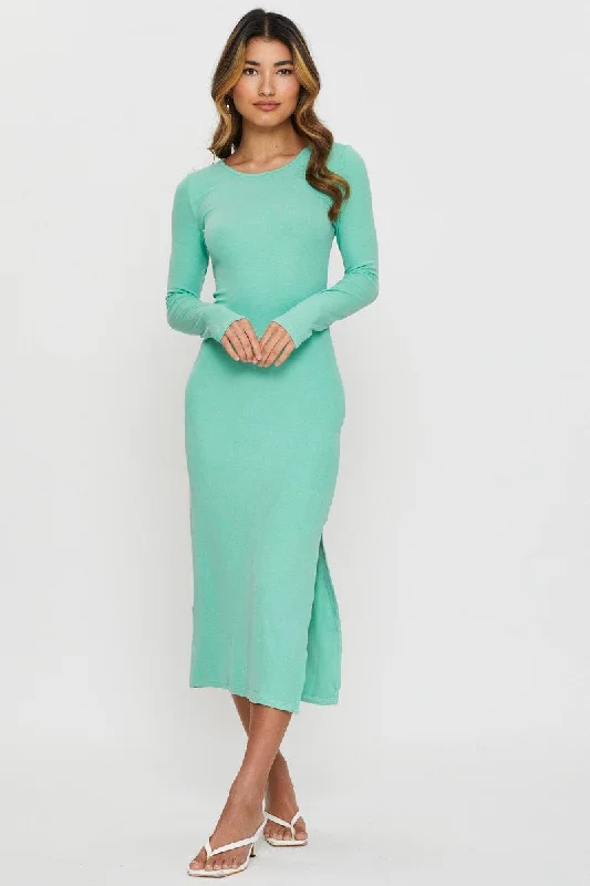 Green Midi Dress Long Sleeve Stylish Women's Tropical 