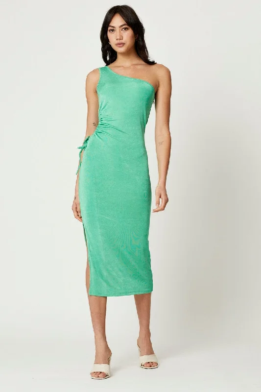 Green Midi Dress One Shoulder Evening Dynamic Women's Moto