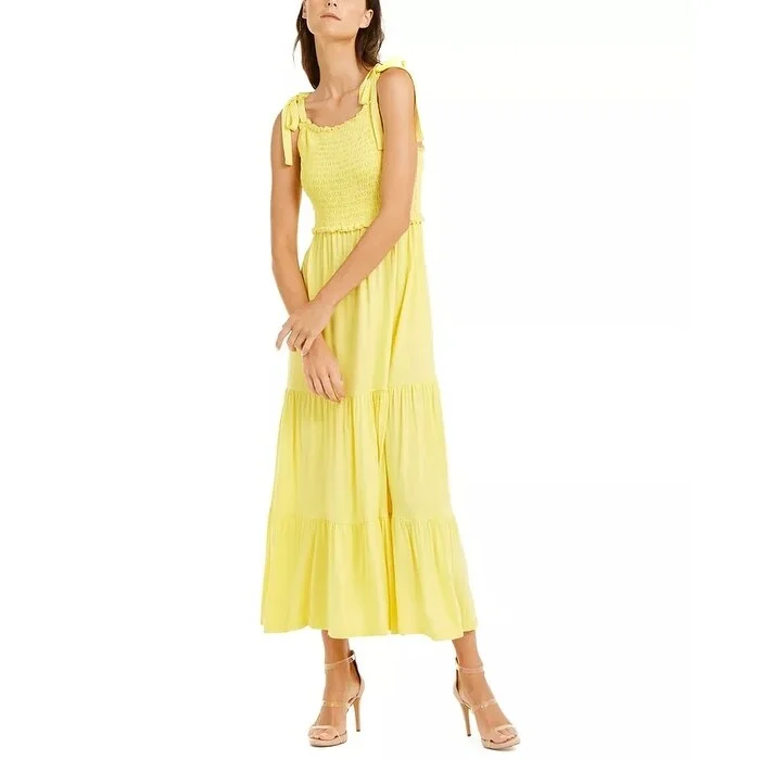 INC International Concepts Women's Smocked Bodice Peplum Midi Dress Dark Yellow Size Medium Sustainable Organic