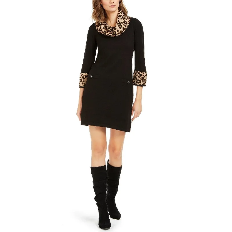 Jessica Howard Women's Animal-Print-Trim Sweater Dress Black Size X-Large - XL Women Jessica Howard Women's Animal-Print-Trim Sweater Dress Black Size X-Large - XL Women