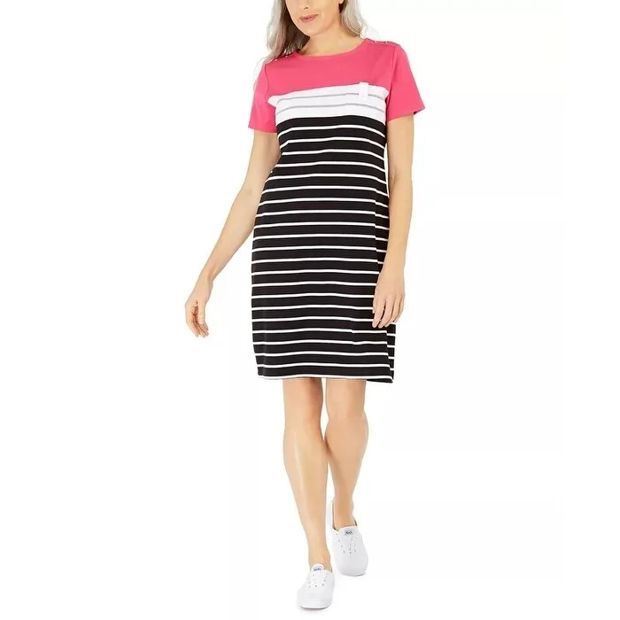 Karen Scott Women's Sport-Stripe Dress Med Pink Size Small Bohemian Women's Free