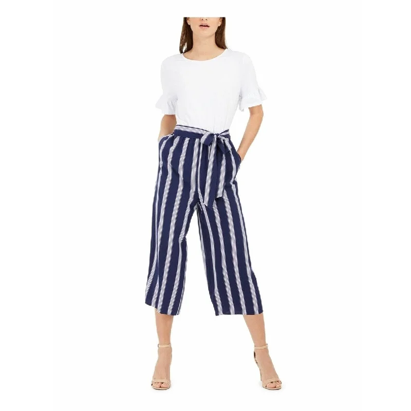 Maison Jules Women's Striped-Leg Belted Jumpsuit Blue Size Large Women