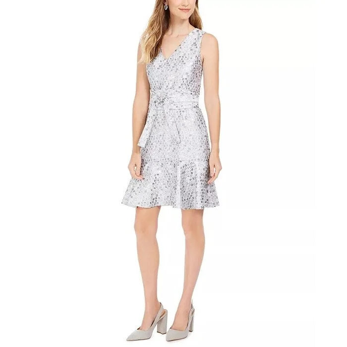 N Natori Women's Mosaic Tile Obi Belt Ruffle Dress Silver Size 6 Modern Women's Tech N Natori Women's Mosaic Tile Obi Belt Ruffle Dress Silver Size 6 Modern Women's Tech