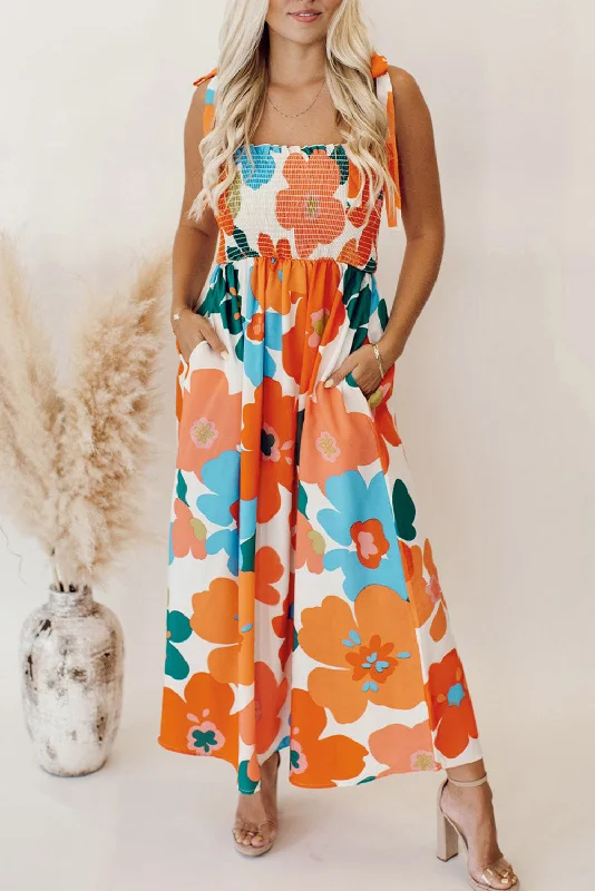 Orange Floral Printed Shoulder Tie Smocked Maxi Dress Business