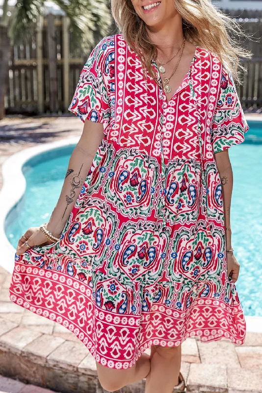 Pink Bohemian Tie Neck Flounce Sleeve Ruffle Hem Mini Dress Bohemian Women's Free