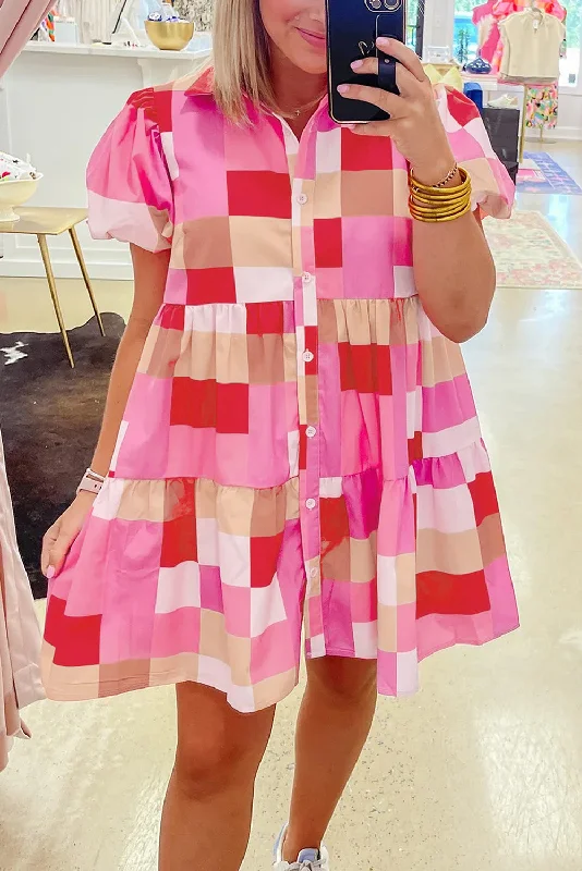 Pink Colorblock Plaid Puff Sleeve Tiered Mini Dress Laid - back Women's Style