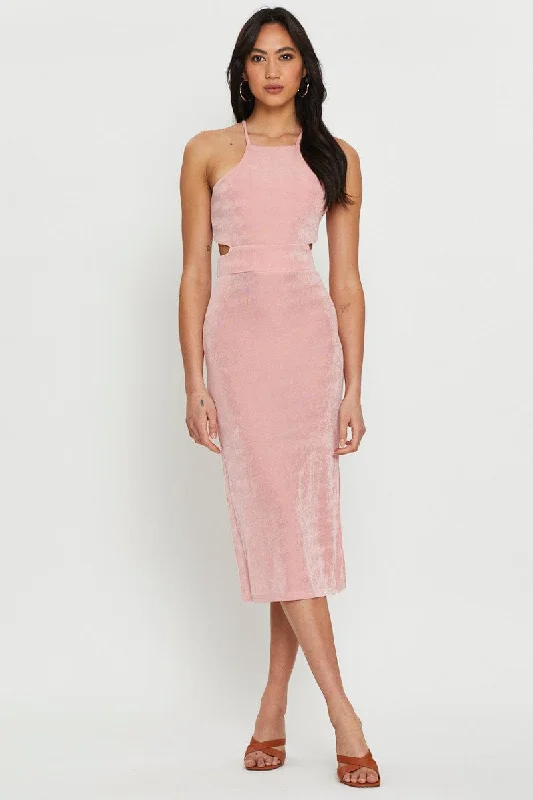 Pink Midi Dress Cut Out Luxurious Women's High -  end