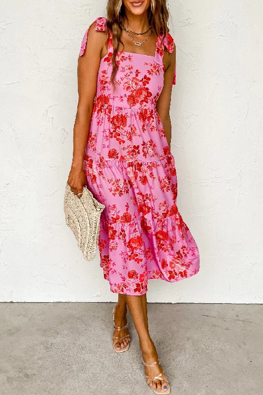 Pink Tie Shoulder Straps Tiered Floral Dress Traditional Women's Wool