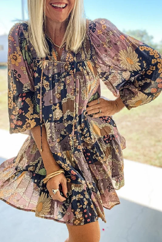 Purple Boho Floral Print Puff Sleeve Flowy Mini Dress Athletic Women's High - 