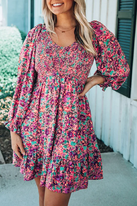 Purple Floral Print Long Sleeve Flounce Hem V Neck Smocked Dress Dynamic Women's Moto Purple Floral Print Long Sleeve Flounce Hem V Neck Smocked Dress Dynamic Women's Moto