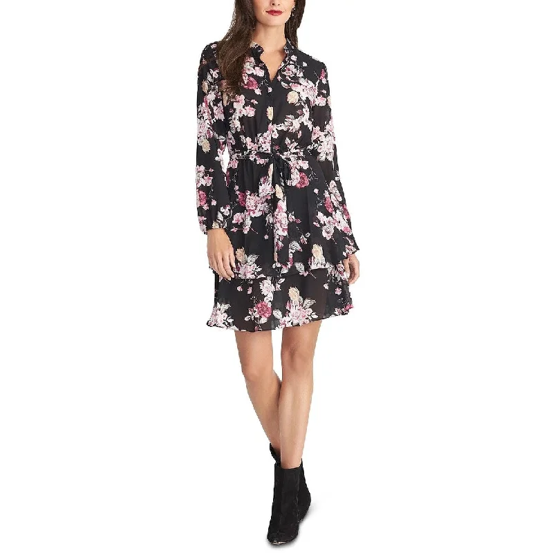 Rachel Roy Women's Ally Floral-Print Belted Shirtdress Black Size Small Disco