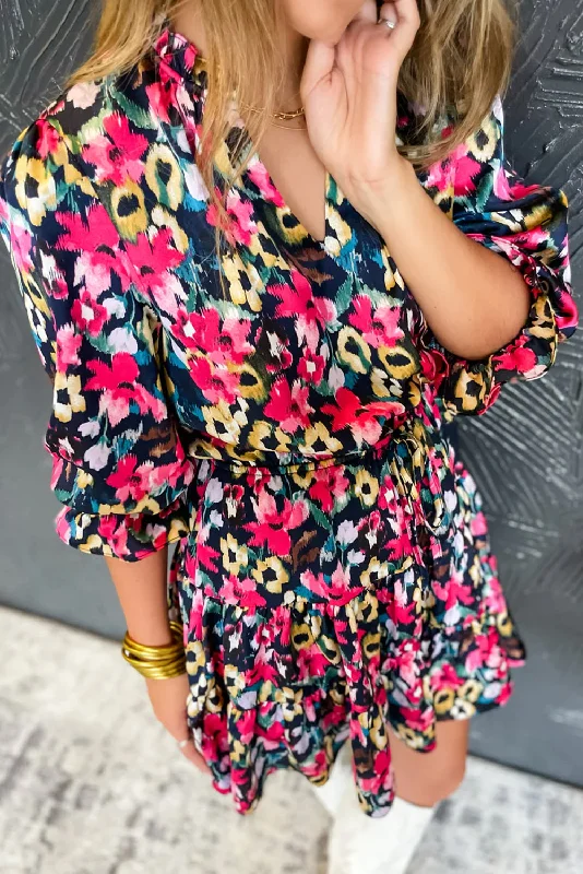 Rose Red Floral Print Drawstring Waist V Neck Mini Dress Laid - back Women's Style