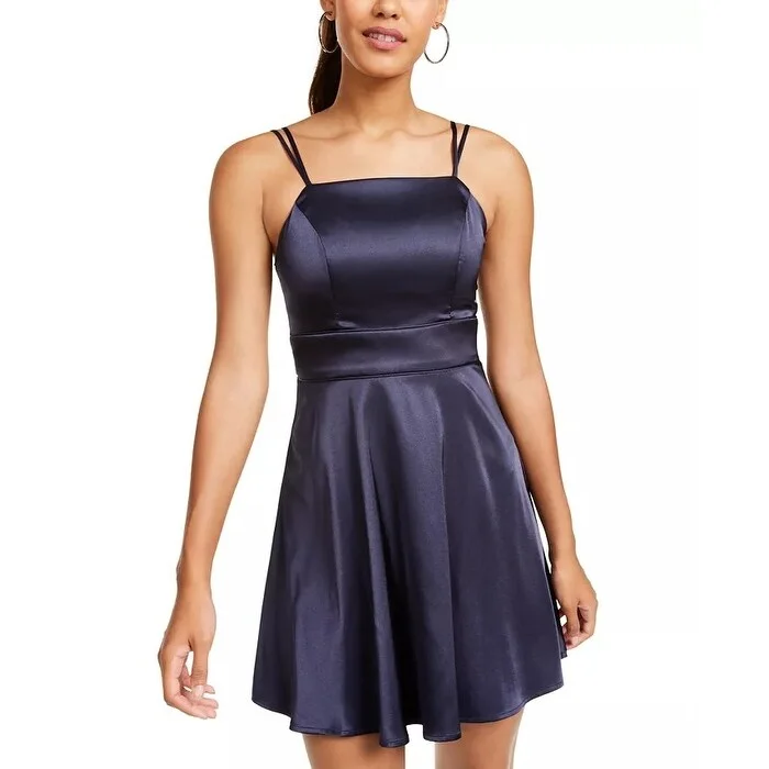 Sequin Hearts Juniors' Satin Fit & Flare Dress Navy Size 3 Modern Women's 