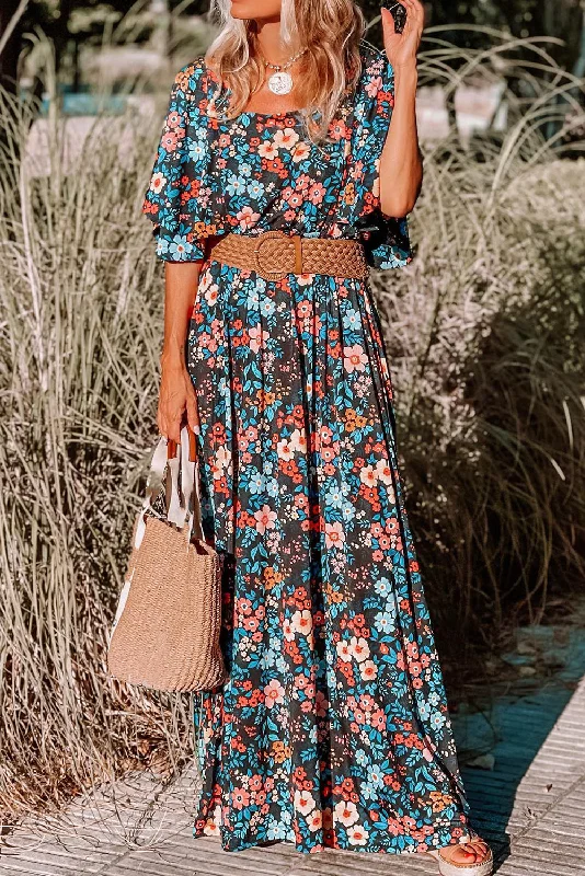 Sky Blue Boho Floral Print Knotted Backless Maxi Dress Luxurious Women's High -  end