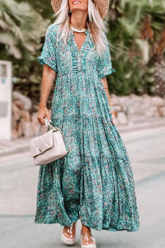 Sky Blue Paisley Print Split V Neck Tiered Boho Maxi Dress Cool Women's Skate