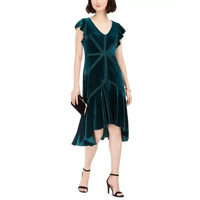 Taylor Women's Velvet Flutter Sleeve Midi Dress Green Size 14 Australian Beach