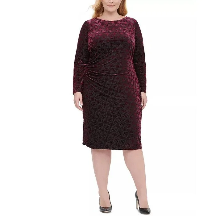 Tommy Hilfiger Women's Plus Long Sleeve Velvet Burnout Sheath Dress Red Size 18W French Tommy Hilfiger Women's Plus Long Sleeve Velvet Burnout Sheath Dress Red Size 18W French