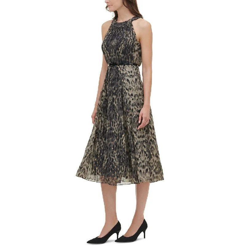 Tommy Hilfiger Women's Printed Belted Midi Dress Gray Size 12 Trendy Women's 
