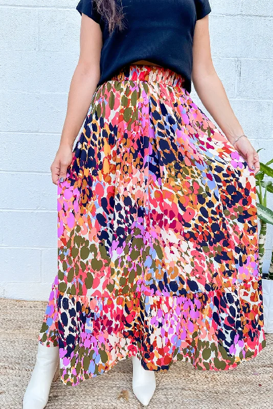 White Abstract Print High Waist Maxi Skirt Modern Women's 