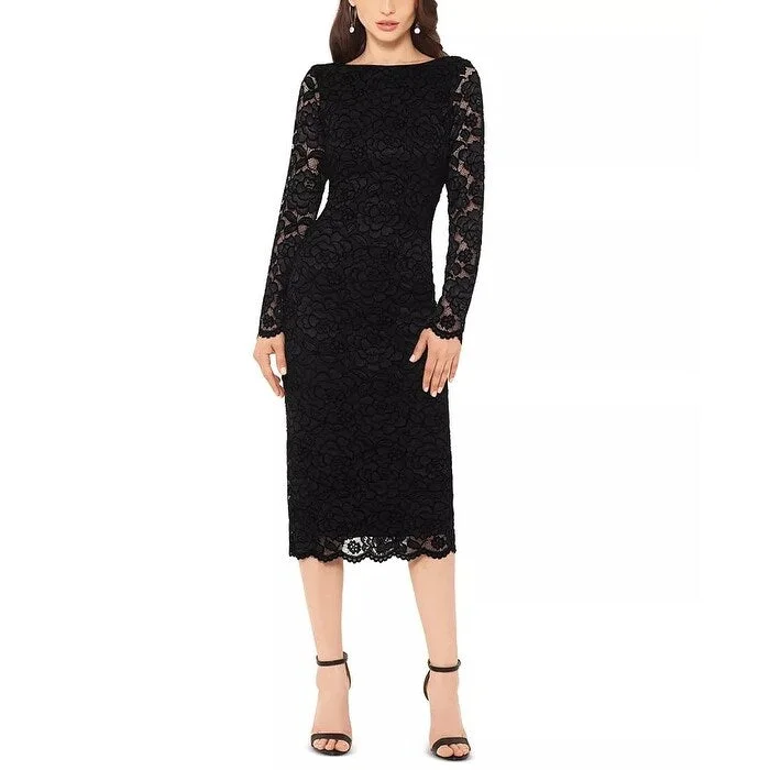 XSCAPE Women's Lace Long-Sleeve Midi Dress Black Size 4 Earthy Women's Hemp - based