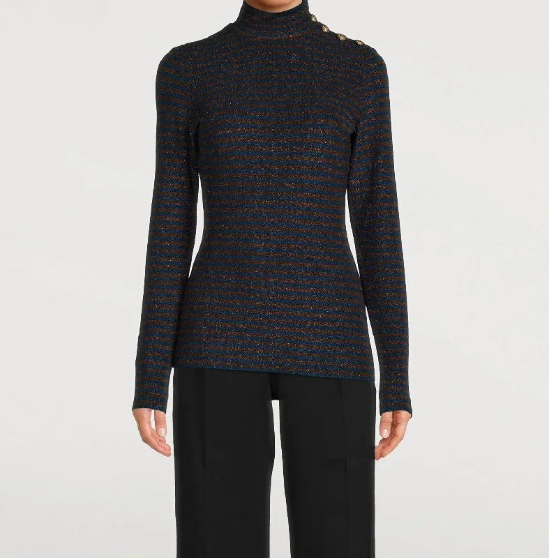 Buttoned Turtleneck Sweater In Blue/bronze Metallic Stripe Athletic Women's High - 