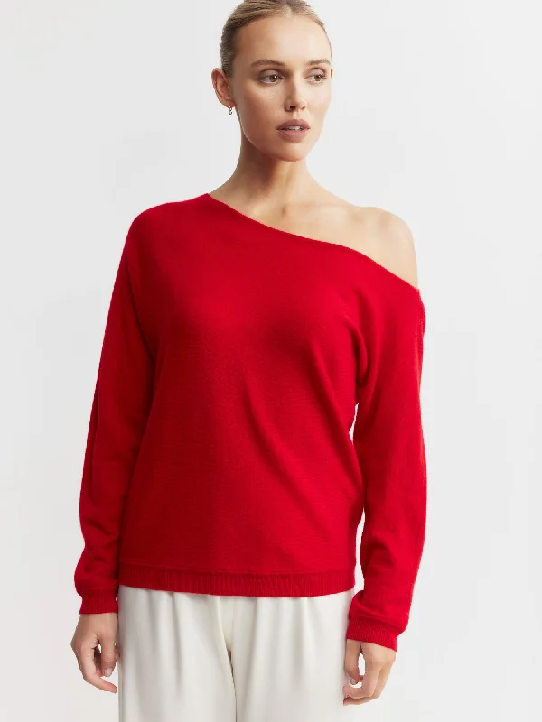 Cashmere Off Shoulder Sweater - Red Artistic Women's Hand - painted