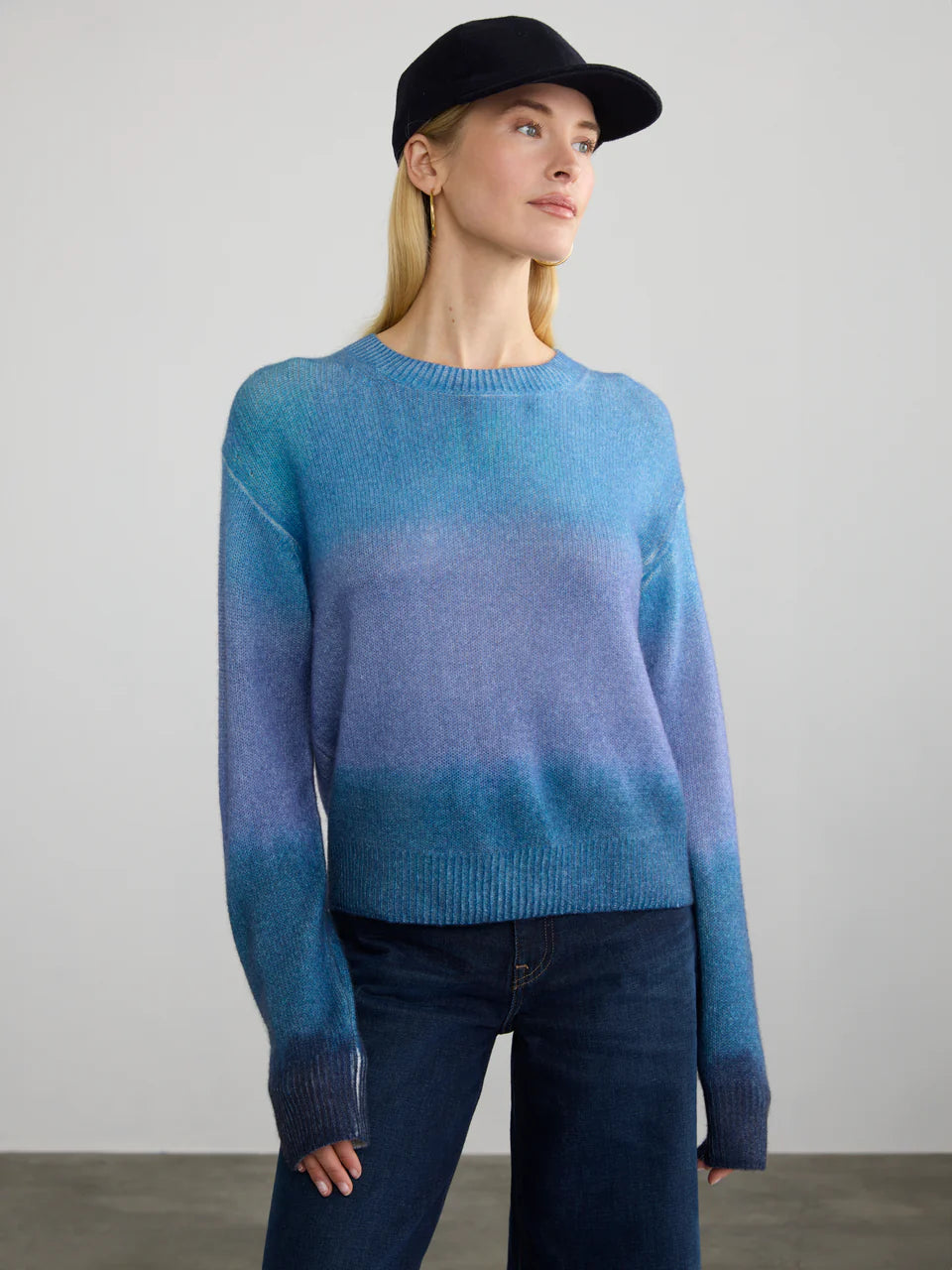 Cashmere Painted Stripe Crew Neck in Blues Sporty Women's Athleisure 
