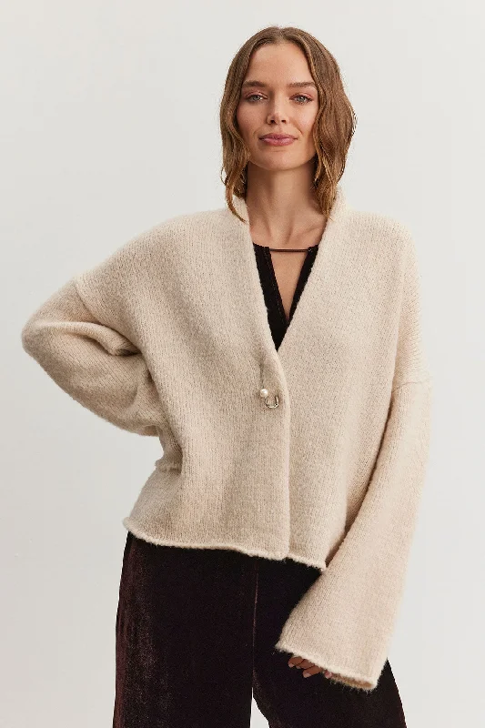 CHANSON Wool Open Cardigan with Pearl Pin in Beige Traditional Women's Wool