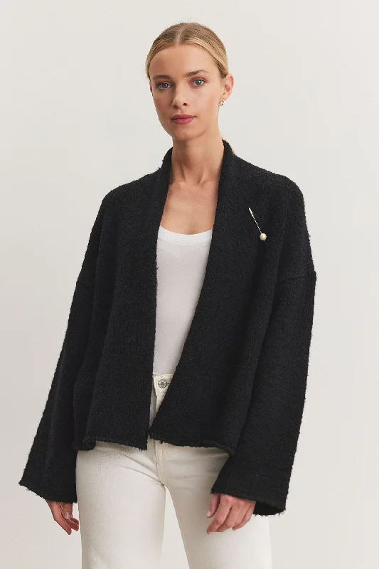 CHANSON Wool Open Cardigan with Pearl Pin in Black Stylish Women's Neon