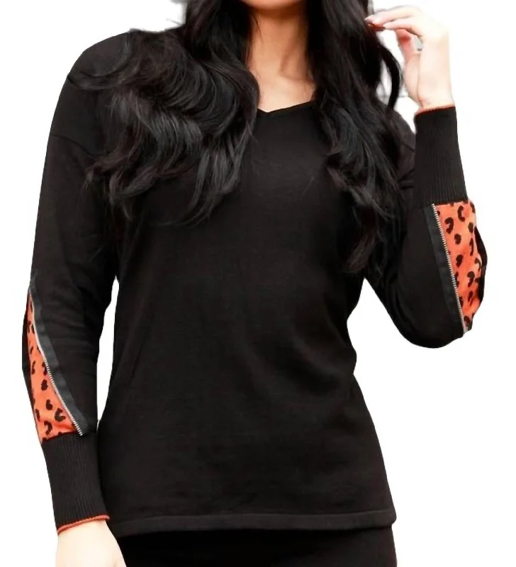 Cheetah V-Neck Sweater With Zip Sleeves In Black/rust Modern Women's 