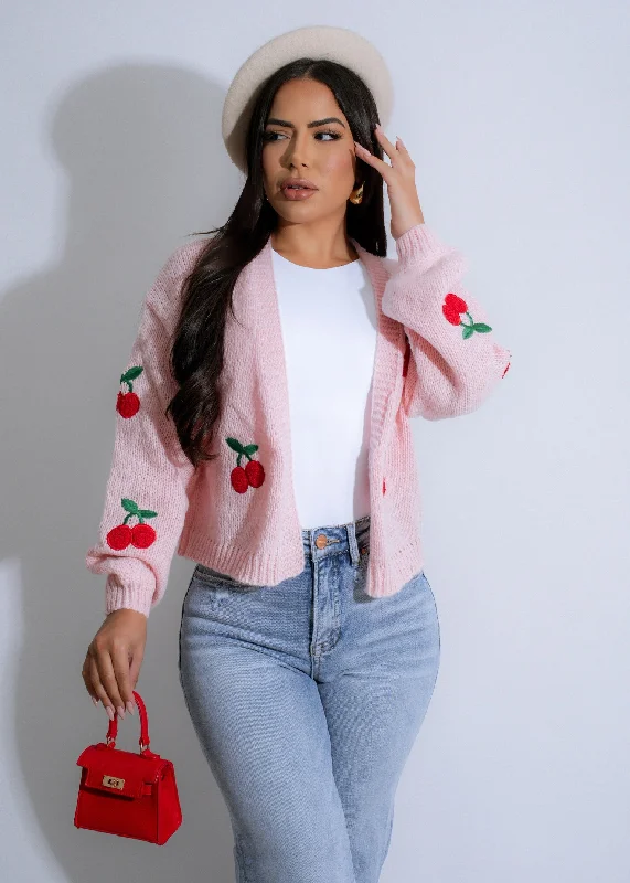Cherry Delight Knit Sweater Pink Classic Women's Pin - striped