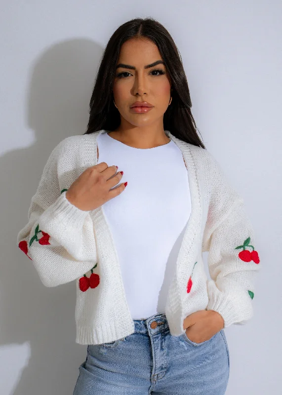 Cherry Delight Knit Sweater White Bold Women's Statement