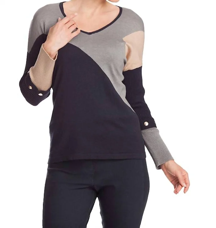Color Block V-Neck Sweater In Navymulti performance