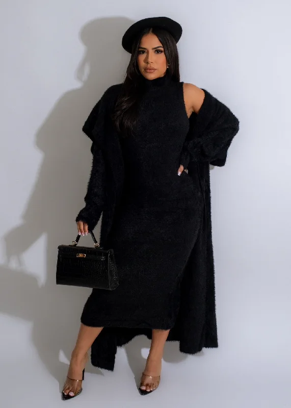 Comfy Teddy Bear Midi Dress Set Black performance