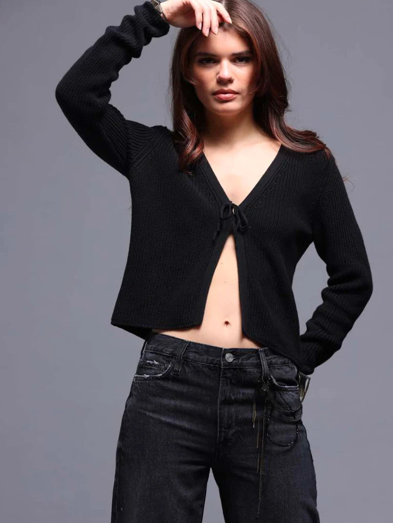 Cotton Shaker Stitch Tie-Front Cardigan in Black Vacation