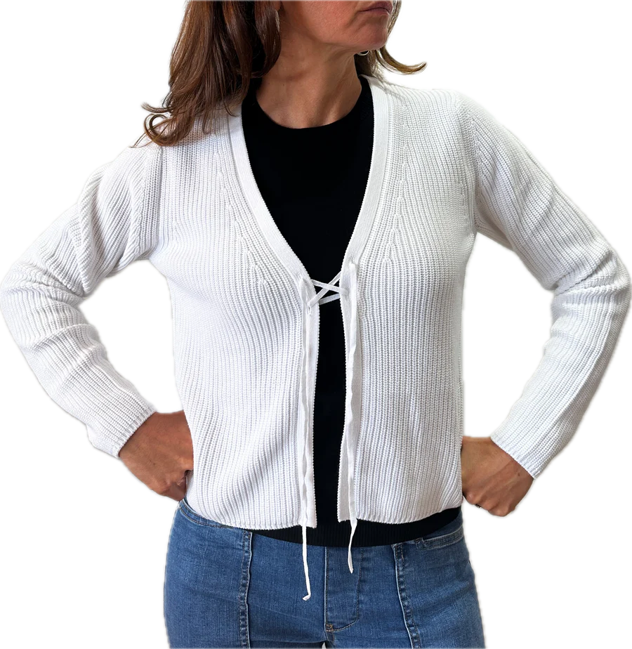 Cotton Shaker Stitch Tie-Front Cardigan in White Country