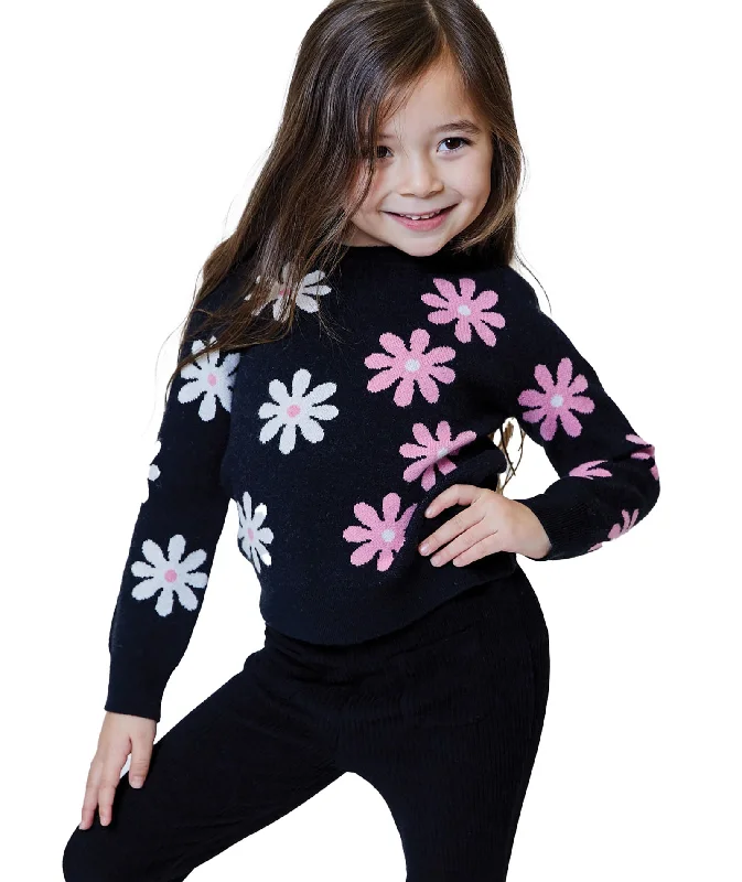 Design History Girls Little Black Floral Sweater Country