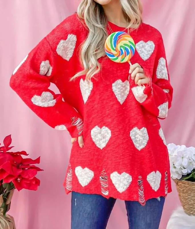 Distressed Sweater With Hearts In Red Sustainable Organic