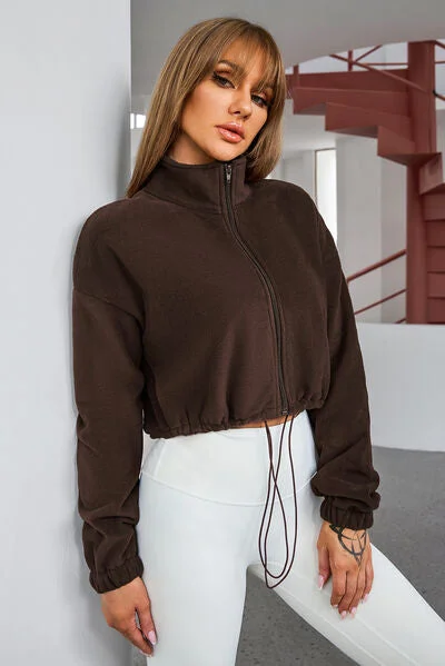 Drawstring Zip Up Dropped Shoulder Outerwear Sporty Women's Athleisure 