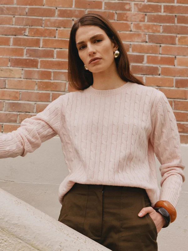 Essential Cashmere Cable Crew Sweater - Pale Pink Adventure