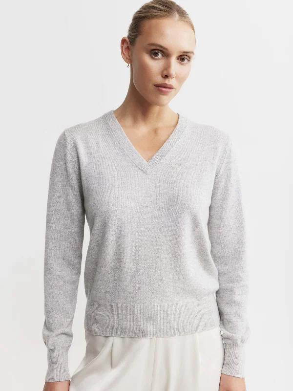 Essential Cashmere Rib V Sweater - Grey Melange Dapper Women's Bow - adorned