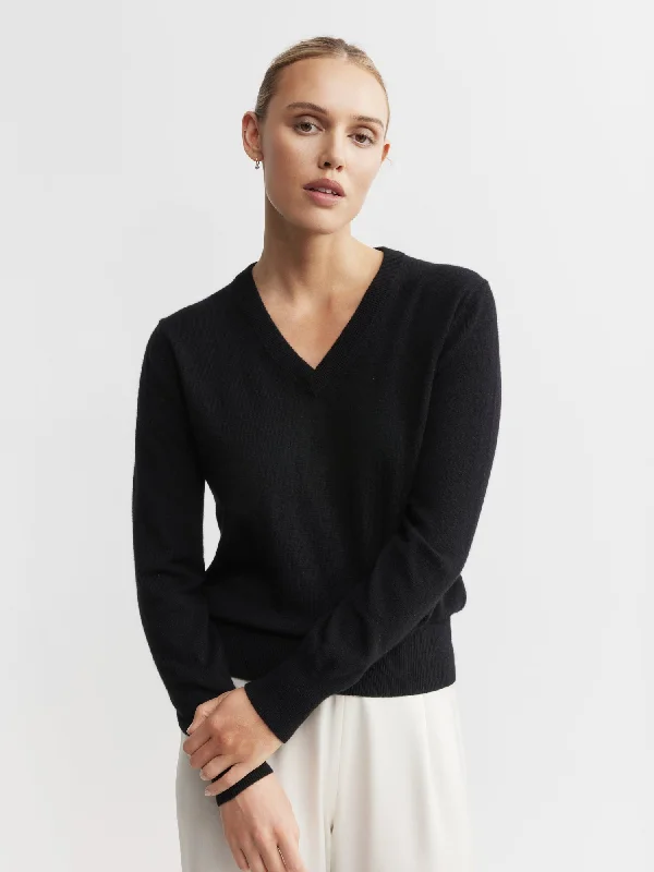 Essential Cashmere Rib V Sweater - Black Refined Women's Velvet