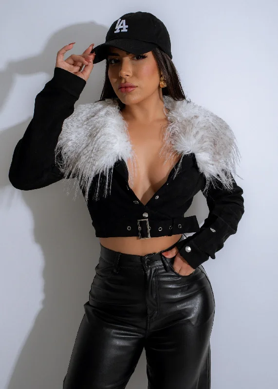 Frostbound Faux Fur Jacket Black Casual Women's Japanese 
